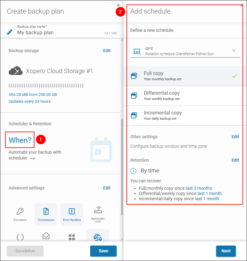 Configuring an automated schedule of a backup plan in Xopero ONE.