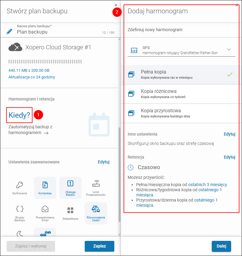 Konfigurowanie automatycznego harmonogramu wykonywania kopii w ramach planu backupu w Xopero ONE.