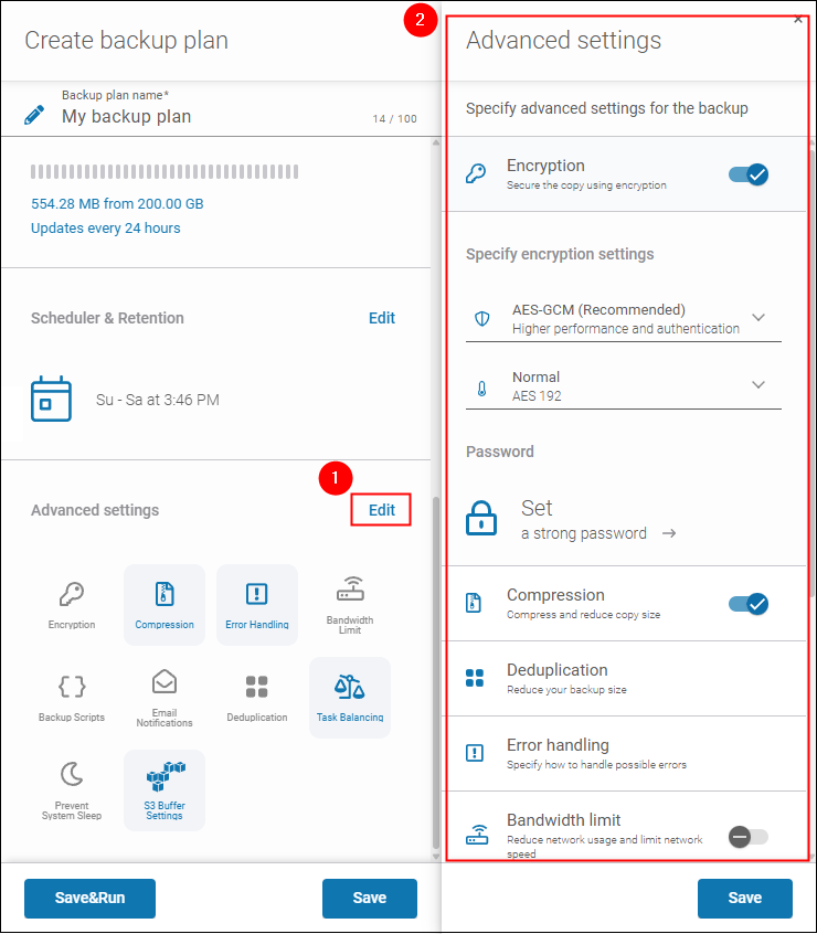 Using advanced settings of backup plan in Xopero ONE to configure encryption, compression, deduplication, and more.