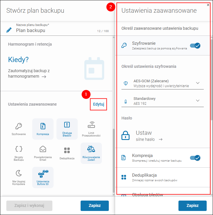 Konfiguracja ustawień zaawansowanych planu backupu, takich jak szyfrowanie, kompresja, deduplikacja i inne, w Xopero ONE.