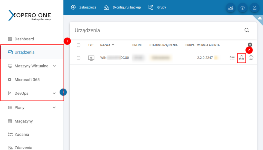 Kroki inicjujące proces przywracania danych w Xopero ONE.