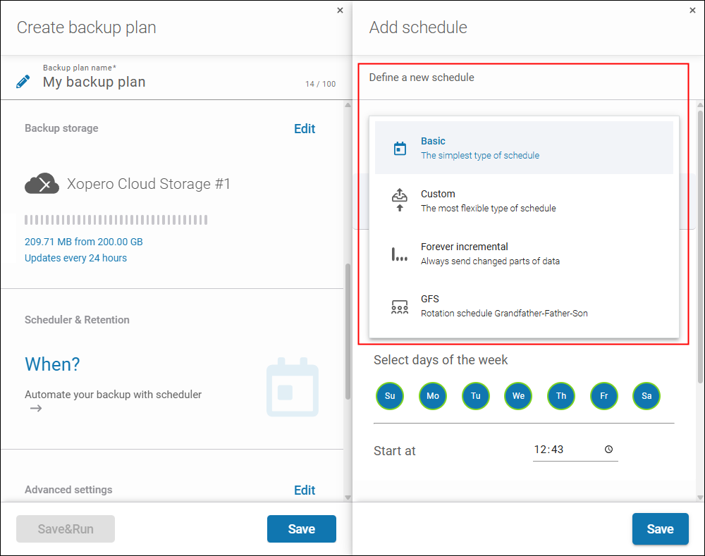 Backup types - a dropdown list with schedule types available in the Xopero ONE backup and recovery platform.