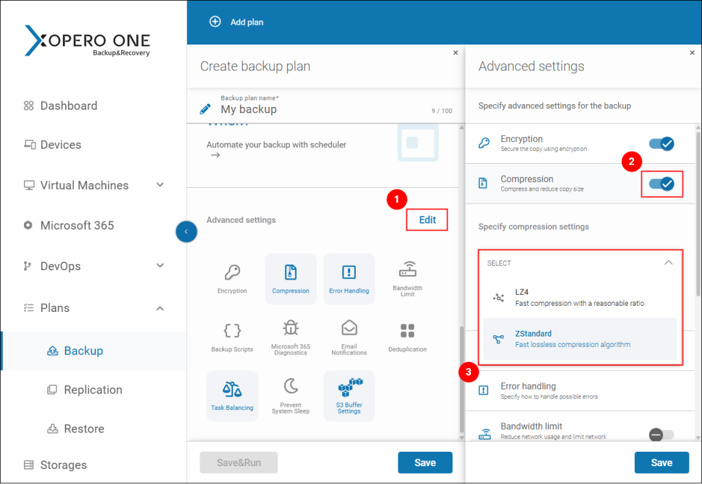 Steps demonstrating how to navigate to the backup plan compression settings in Xopero ONE and select one of the two available algorithms—LZ4 or ZStandard.