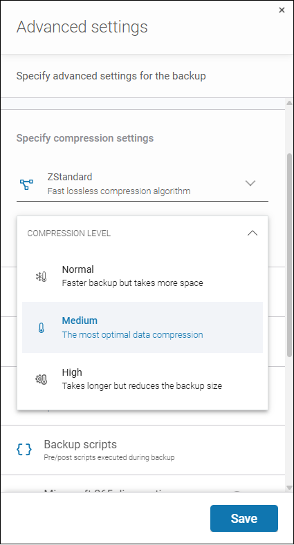 A dropdown menu for selecting the compression level in Xopero ONE, featuring three available options: Normal, Medium, and High.