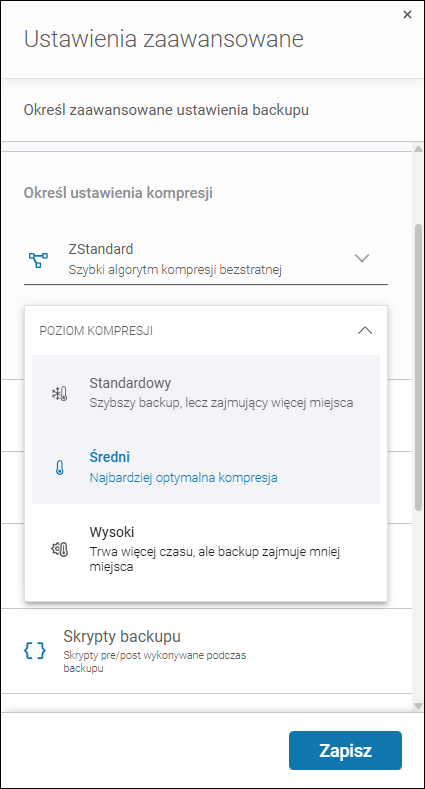 Lista rozwijalna do wyboru stopnia kompresji w Xopero ONE - dostępne są 3 poziomy: Standardowy, Średni i Wysoki.