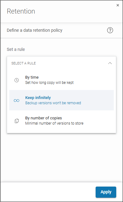 Xopero ONE offers 3 retention policies - infinite retention, time-based retention, and copy-number-based retention.