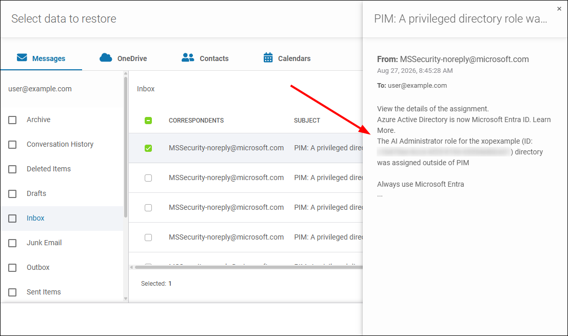 Xopero ONE management console lets you preview the contents of emails, as well as browse OneDrive or SharePoint resources.
