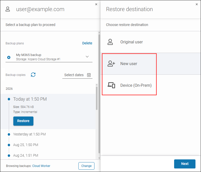 When restoring Microsoft 365 user data, you can choose to restore it to original user, another user, or locally.