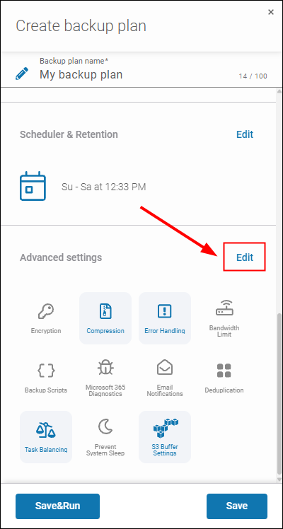 Main backup plan configuration pane. To access encryption settings, click "Edit" next to "Advanced settings".