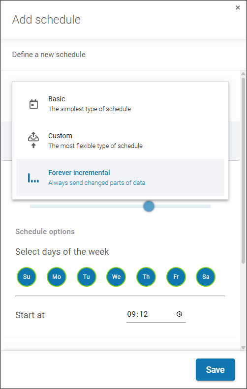 Dropdown menu for selecting backup rotation schemes in Xopero ONE: Basic, Custom, and Forever incremental.