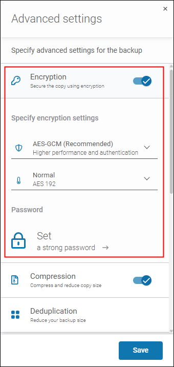The "Advanced settings" pane in Xopero ON showing encryption settings. On top, there's a toggle switch to enable encryption, below there are 2 dropdowns for choosing encryption method and key strength. Further below there is "Set a strong password" to configure the decryption key.