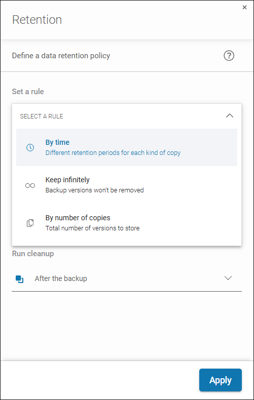 Dropdown menu with three retention rule options in Xopero ONE: By time, Keep infinitely, and By number of copies.