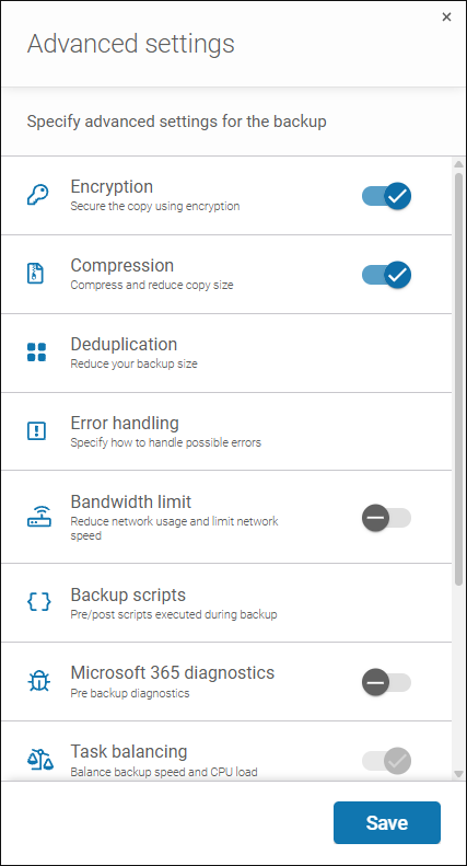 Advanced settings menu of a backup plan in Xopero ONE, allowing configuration of security and optimization features like encryption, compression, and deduplication.