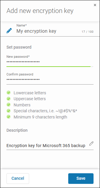 Pane for adding a decryption key. There are 4 text input fields: Name, New password, Confirm password, and Description. At the bottom, there are 2 buttons "Cancel" and "Save".