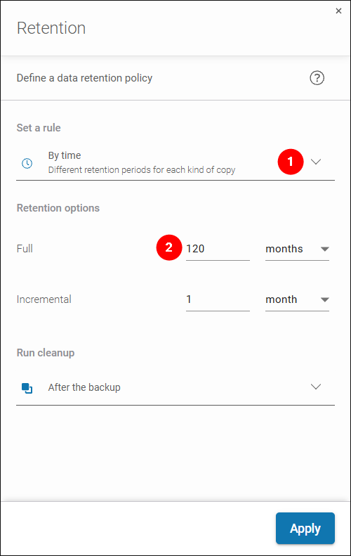 Retention policy configuration window set to a long-term retention of 120 months (10 years) for full archive copies.