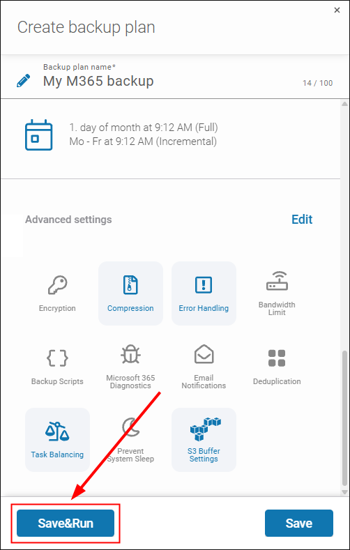 Main backup plan configuration window in Xopero ONE. To create the archive immediately after setup, click the "Save&Run" button in the bottom left corner.