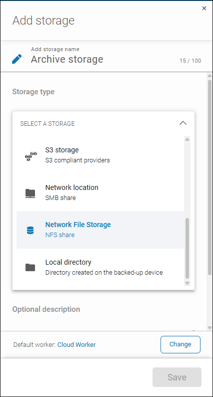 Storage target configuration window in Xopero ONE showing supported storage options: S3 storage, Network location, Network File Storage, and Local directory.