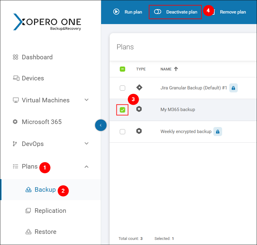 Steps showing how to pause the schedule for an archive in Xopero ONE to prevent overwriting it like an operational backup. Select the backup plan and click "Deactivate plan" on the top toolbar.